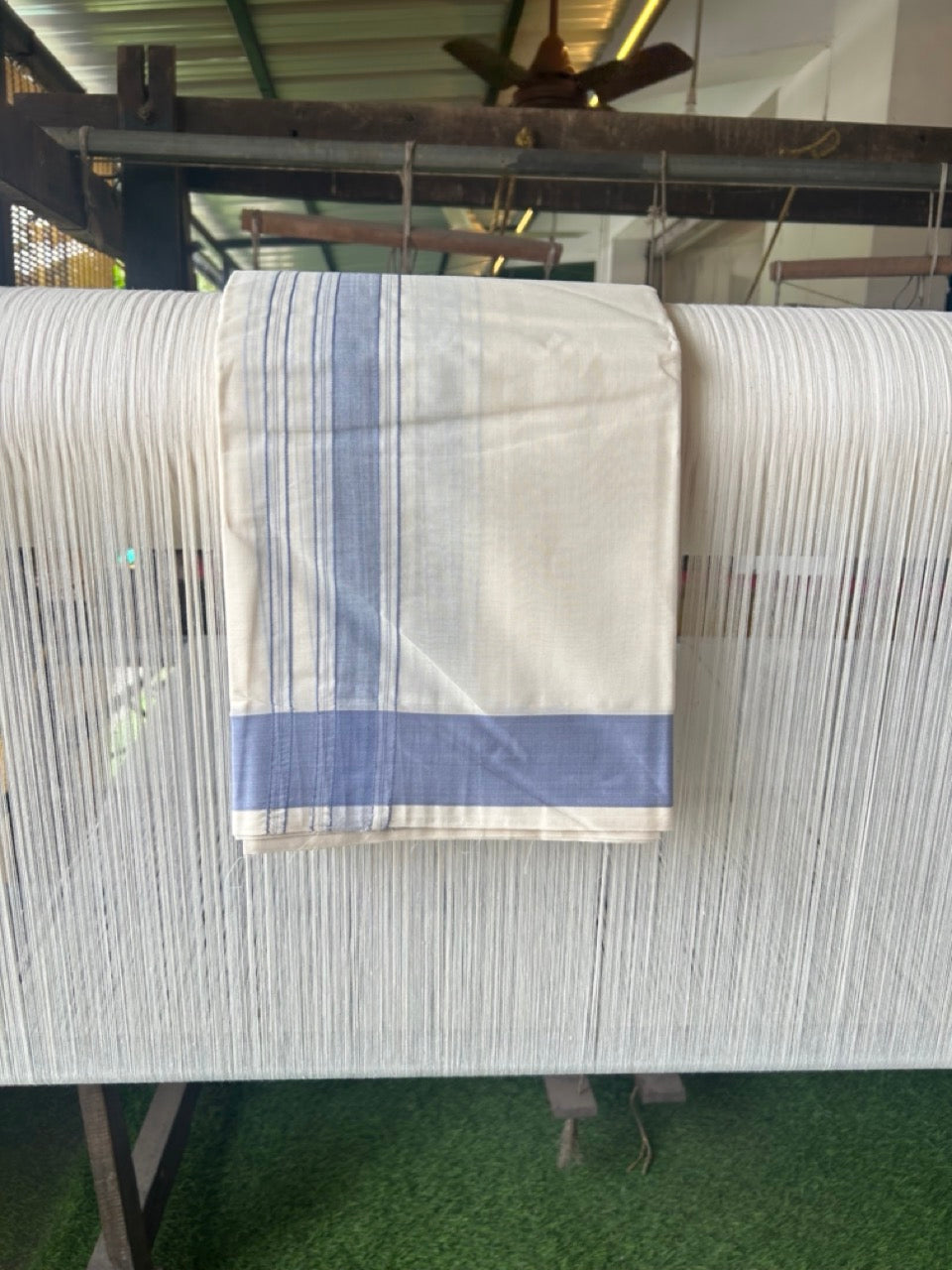 20% DISCOUNT! KaithariKada 100% Cotton Off White - (Unbleached) - Pure Cotton - 100x100 thread - NORTH INDIAN - ATTACHED GAMCHA 9X5 Dhoti Lavender Ash Striped 1.75 inch Kara - 8KK5196PMC