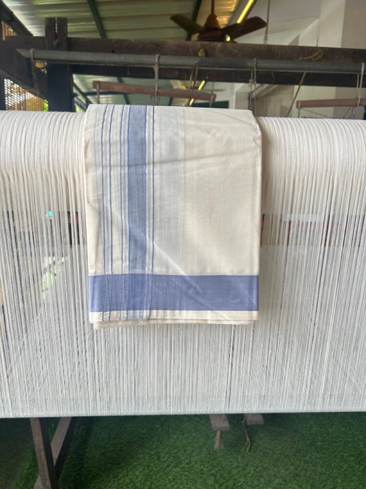 20% DISCOUNT! KaithariKada 100% Cotton Off White - (Unbleached) - Pure Cotton - 100x100 thread - NORTH INDIAN - ATTACHED GAMCHA 9X5 Dhoti Lavender Ash Striped 1.75 inch Kara - 8KK5196PMC