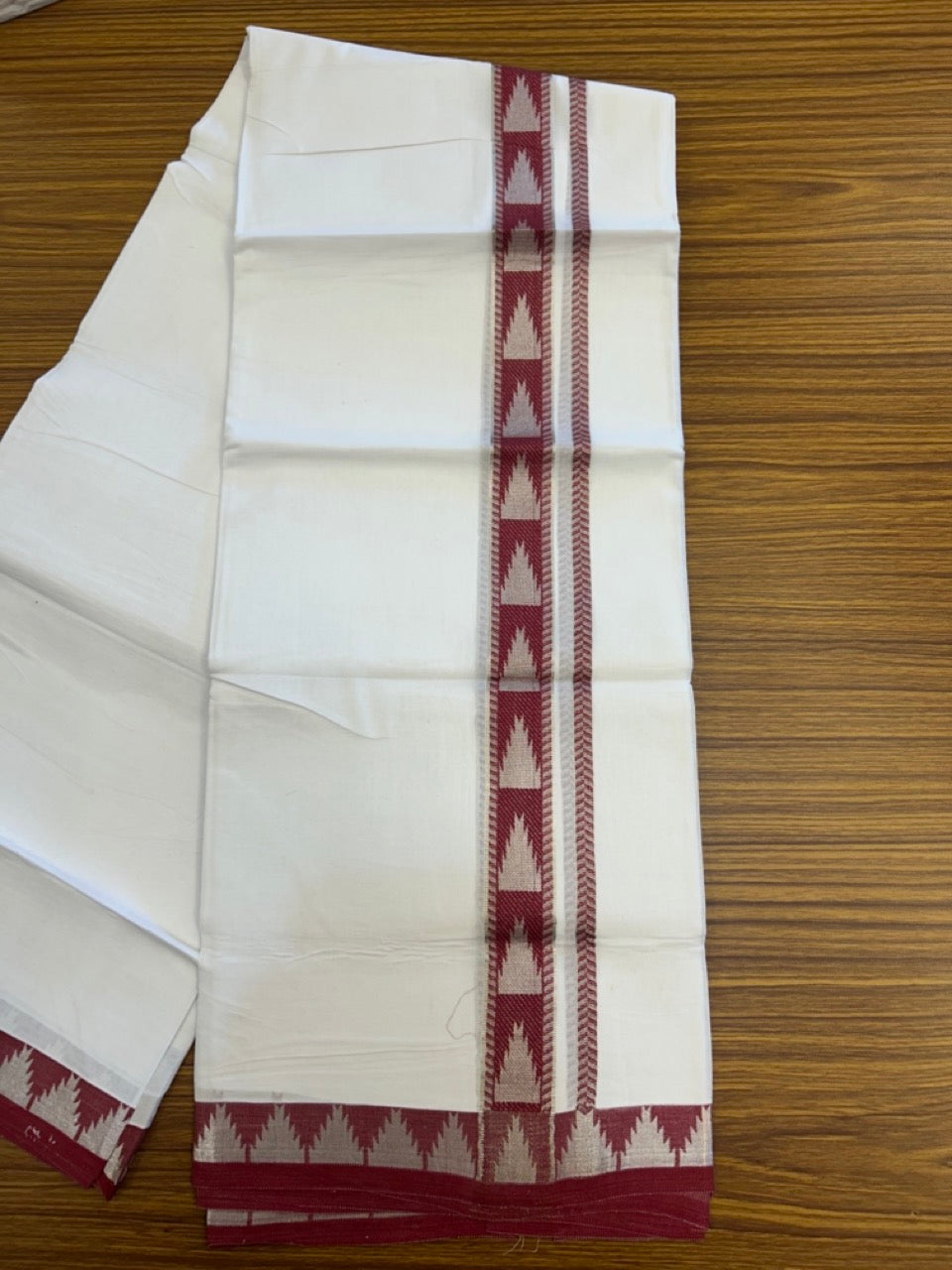24% Discount ! KaithariKada Balaramapuram 100% Cotton Double Pure White Mundu/Dhoti - 100X80 - 1.25 inch Silver Kasav & Reddish Maroon Jacquard Design kara 3.90 mtr (8 Muzham) - 4 KK5305 PMC