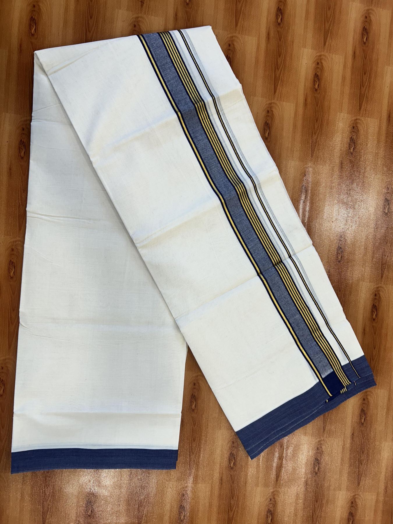 Double Off White (Unbleached) Mundu/Dothi- 20% Discount! Kaitharikada 100% Pure Cotton - 100x80 - 1.5 inch Gold Kasav Stripes & Navy Blue Shaded Kara 4 mtr (8.5 muzham) - 59 KK5452 THI