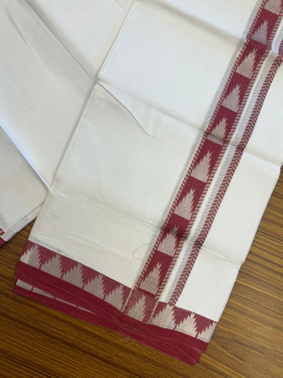 24% Discount ! KaithariKada Balaramapuram 100% Cotton Double Pure White Mundu/Dhoti - 100X80 - 1.25 inch Silver Kasav & Reddish Maroon Jacquard Design kara 3.90 mtr (8 Muzham) - 4 KK5305 PMC