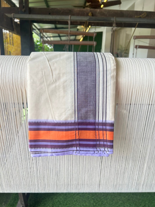 20% DISCOUNT! KaithariKada 100% Cotton Off White - (Unbleached) - Pure Cotton -100x100 thread - NORTH INDIAN - ATTACHED GAMCHA 9X5 Dhoti Violet kara with Red Green & Brown Striped border - 13KK5196PMC