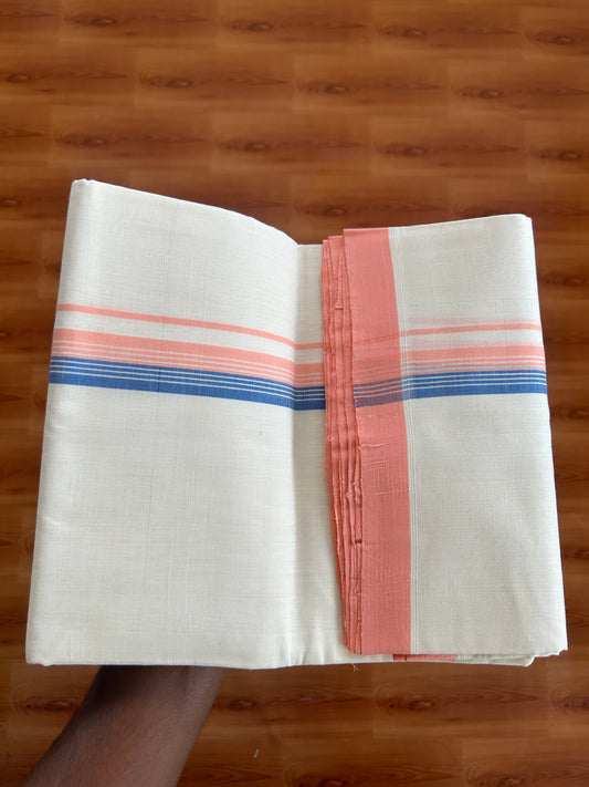 25% Discount ! KaithariKada Handloom Unakkupaav - Kerala Handloom - 100% Pure Cotton Off White (Unbleached) Double Mundu/Dhoti - 100X80 - 1 inch Blue & Peach Striped Kara 3.80 Mtr (8 Muzham) - 24 KK5380 SOM