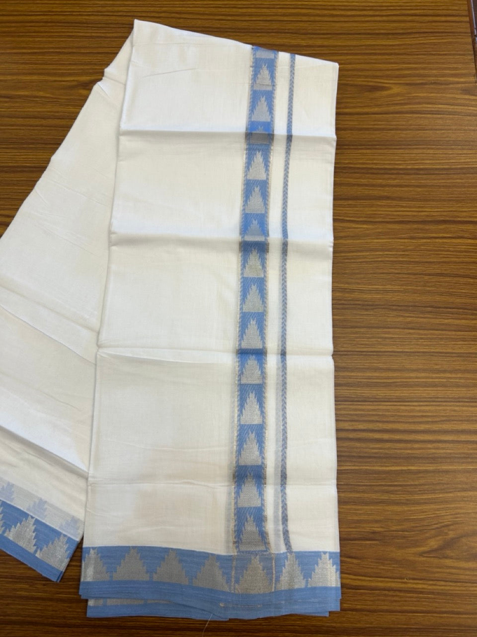 24% Discount ! KaithariKada Balaramapuram 100% Cotton Double Pure White Mundu/Dhoti - 100X80 - 1.25 inch Silver Kasav & Sky Blue Jacquard Design kara 3.90 mtr (8 Muzham) - 5 KK5305 PMC