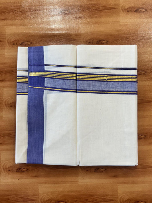 Double Off White (Unbleached) Mundu/Dothi- 20% Discount! Kaitharikada 100% Pure Cotton - 100x80 - 1.5 inch Gold Kasav Stripes & Violet Shaded Kara 4 mtr (8.5 muzham) - 57 KK5452 THI