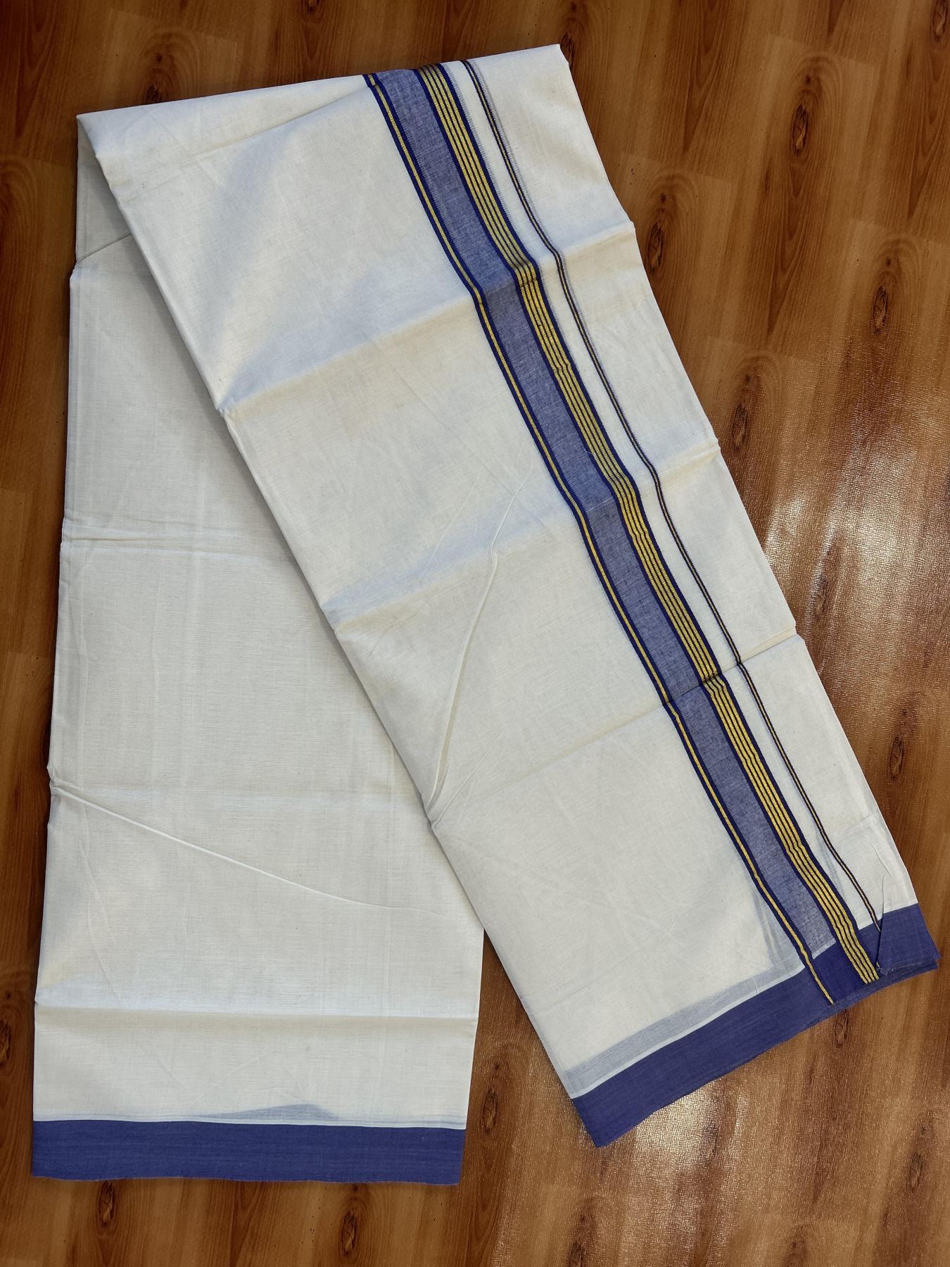 Double Off White (Unbleached) Mundu/Dothi- 20% Discount! Kaitharikada 100% Pure Cotton - 100x80 - 1.5 inch Gold Kasav Stripes & Violet Shaded Kara 4 mtr (8.5 muzham) - 57 KK5452 THI