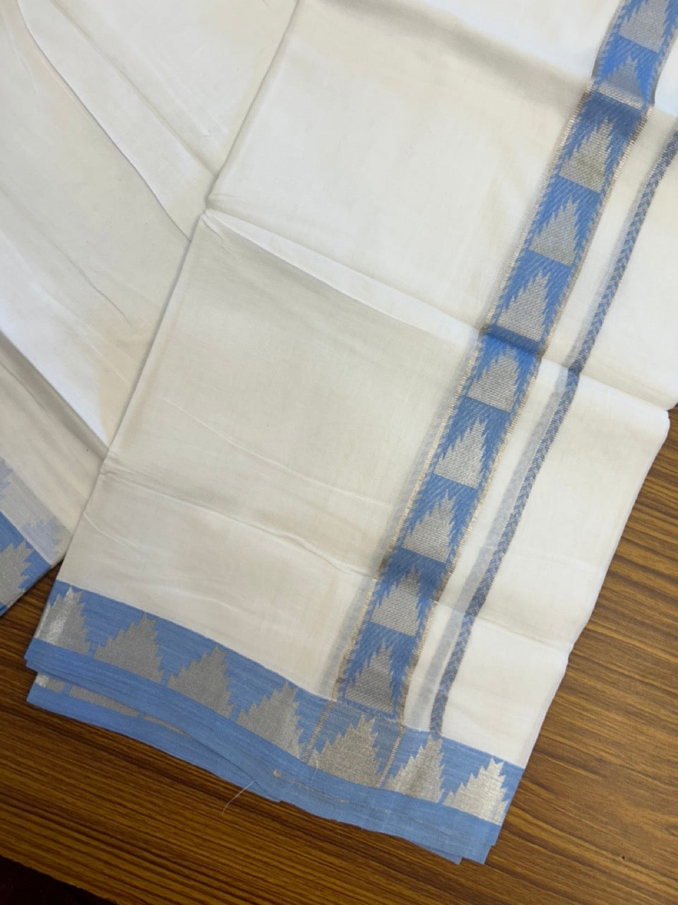 24% Discount ! KaithariKada Balaramapuram 100% Cotton Double Pure White Mundu/Dhoti - 100X80 - 1.25 inch Silver Kasav & Sky Blue Jacquard Design kara 3.90 mtr (8 Muzham) - 5 KK5305 PMC