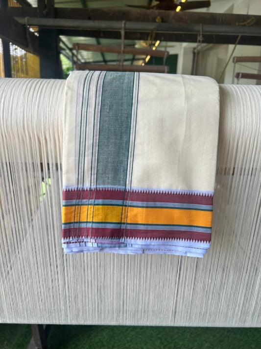 20% DISCOUNT! KaithariKada 100% Cotton Off White - (Unbleached) - Pure Cotton -100x100 thread - NORTH INDIAN - ATTACHED GAMCHA 9X5 Dhoti Dark green kara with Yellow Green & Brown Striped border - 23KK5196PMC