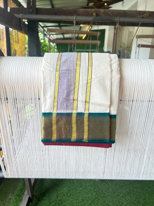 20% DISCOUNT! KaithariKada 100% Cotton Off White - (Unbleached) 100x100 thread - NORTH INDIAN- ATTACHED GAMCHA 10X6 Dhoti 2.75 inch Dark Brown kara with Maroon & Dark Green Kasavu border - 24KK5196PMC
