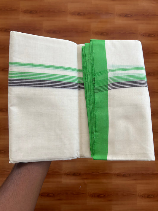 25% Discount ! KaithariKada Handloom Unakkupaav - Kerala Handloom - 100% Pure Cotton Off White (Unbleached) Double Mundu/Dhoti - 100X80 - 1 inch Parrot Green & Brown Striped Kara 3.80 Mtr (8 Muzham) - 26 KK5380 SOM