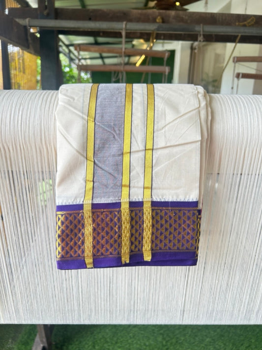 20% DISCOUNT! KaithariKada 100% Cotton Off White - (Unbleached) 100x100 thread - NORTH INDIAN- ATTACHED GAMCHA 9x5  Dhoti 2.75 inch Magenta & Deep Violet Kasavu border -25KK5196PMC