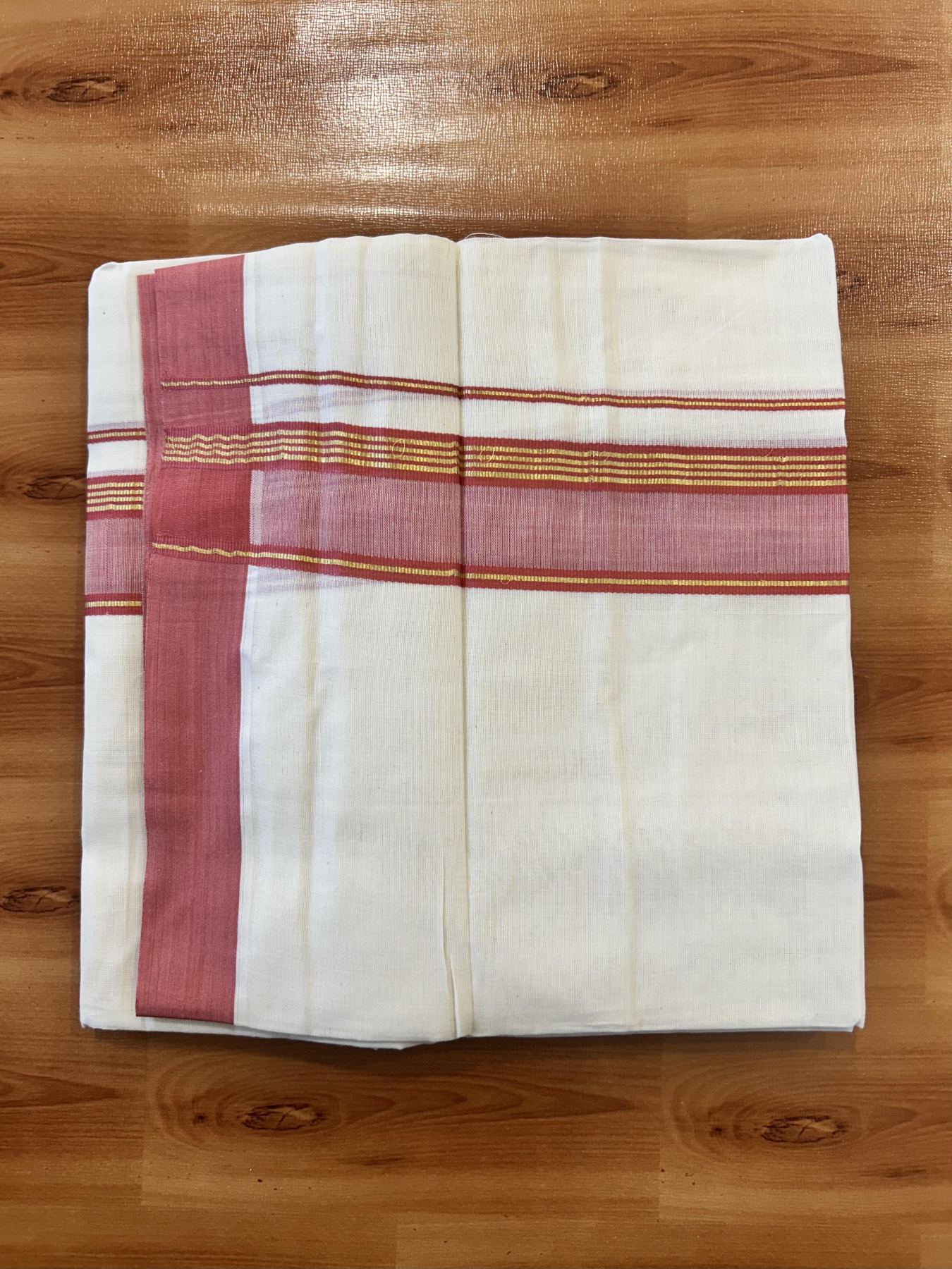 Double Off White (Unbleached) Mundu/Dothi- 20% Discount! Kaitharikada 100% Pure Cotton - 100x80 - 1.5 inch Gold Kasav Stripes & Reddish Pink Shaded Kara 4 mtr (8.5 muzham) - 55 KK5452 THI