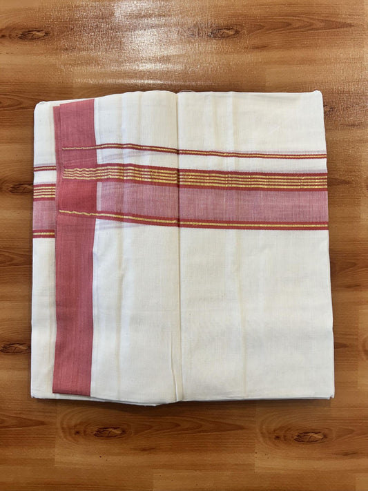 Double Off White (Unbleached) Mundu/Dothi- 20% Discount! Kaitharikada 100% Pure Cotton - 100x80 - 1.5 inch Gold Kasav Stripes & Reddish Pink Shaded Kara 4 mtr (8.5 muzham) - 55 KK5452 THI