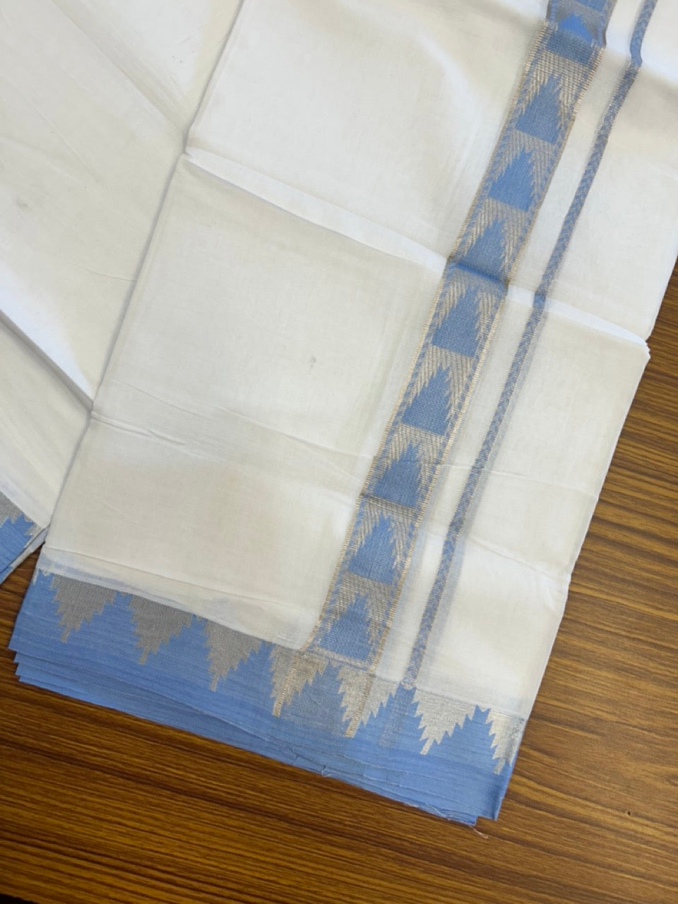 24% Discount ! KaithariKada Balaramapuram 100% Cotton Double Pure White Mundu/Dhoti - 100X80 - 1.25 inch Silver Kasav & Sky Blue Jacquard Design kara 3.90 mtr (8 Muzham) - 2 KK5305 PMC