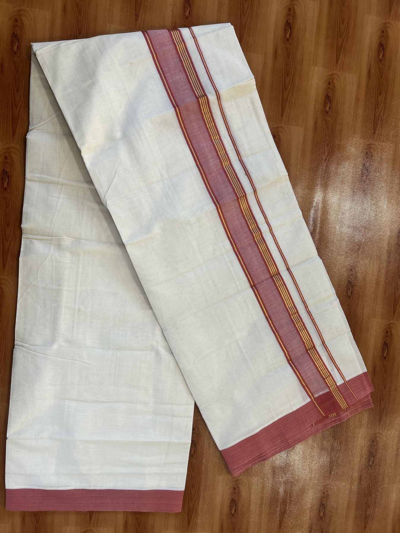 Double Off White (Unbleached) Mundu/Dothi- 20% Discount! Kaitharikada 100% Pure Cotton - 100x80 - 1.5 inch Gold Kasav Stripes & Reddish Pink Shaded Kara 4 mtr (8.5 muzham) - 55 KK5452 THI