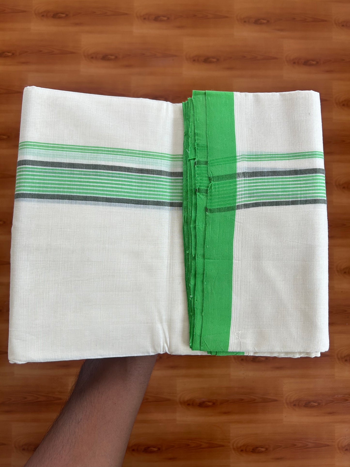 25% Discount ! KaithariKada Handloom Unakkupaav - Kerala Handloom - 100% Pure Cotton Off White (Unbleached) Double Mundu/Dhoti - 100X80 - 1.25 inch Parrot Green & Army Green Striped Kara 3.80 Mtr (8 Muzham) - 28 KK5380 SOM