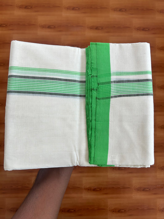 25% Discount ! KaithariKada Handloom Unakkupaav - Kerala Handloom - 100% Pure Cotton Off White (Unbleached) Double Mundu/Dhoti - 100X80 - 1.25 inch Parrot Green & Army Green Striped Kara 3.80 Mtr (8 Muzham) - 28 KK5380 SOM