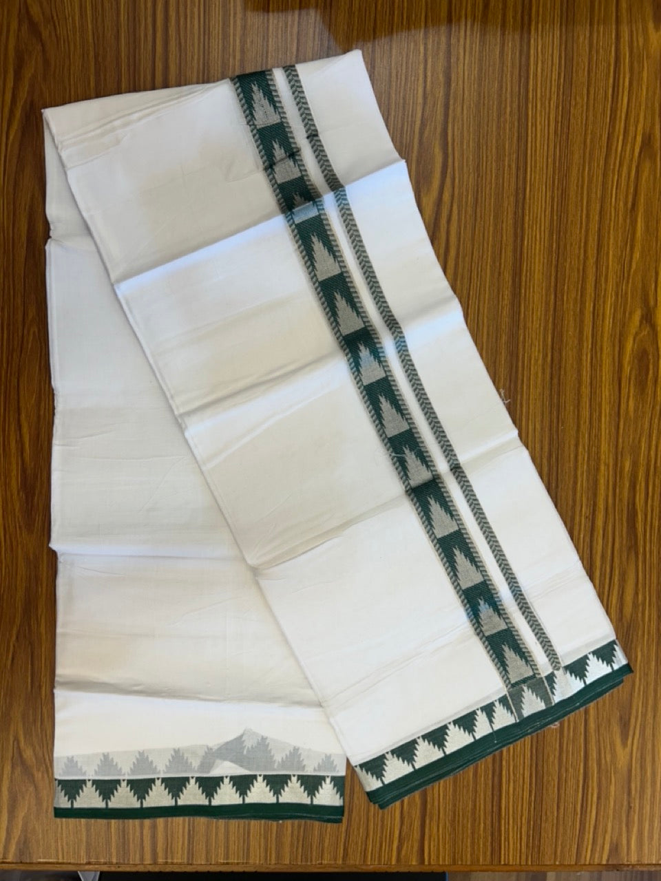 24% Discount ! KaithariKada Balaramapuram 100% Cotton Double Pure White Mundu/Dhoti - 100X80 - 1.25 inch Silver Kasav & Green Jacquard Design kara 3.90 mtr (8 Muzham) - 9 KK5305 PMC