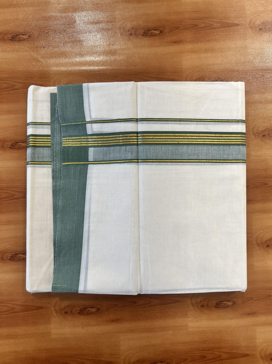 Double Off White (Unbleached) Mundu/Dothi- 20% Discount! Kaitharikada 100% Pure Cotton - 100x80 - 1.5 inch Gold Kasav Stripes & Green Shaded Kara 4 mtr (8.5 muzham) - 56 KK5452 THI