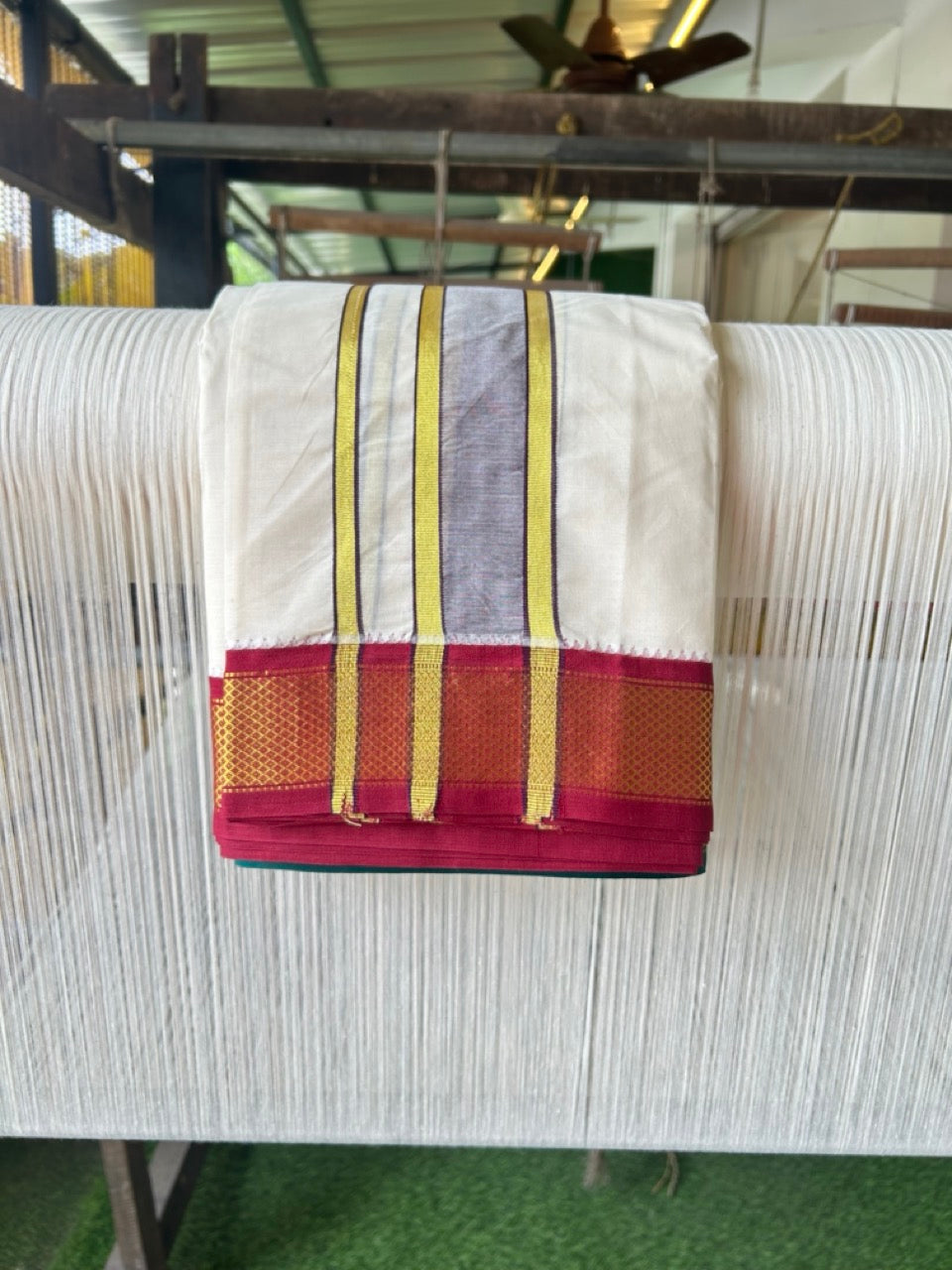 20% DISCOUNT! KaithariKada 100% Cotton Off White - (Unbleached) 100x100 thread - NORTH INDIAN- ATTACHED GAMCHA 9X5 Dhoti 2.75 inch Dark Brown kara with Chilly Red & Dark Green Kasavu border - 22KK5196PMC