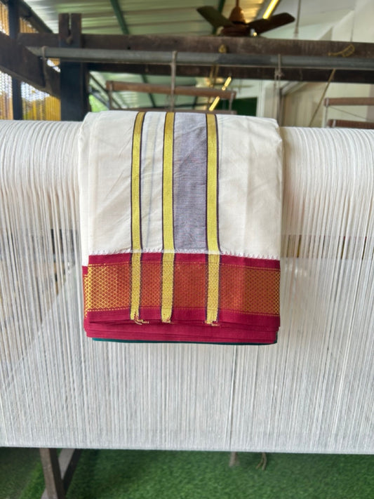 20% DISCOUNT! KaithariKada 100% Cotton Off White - (Unbleached) 100x100 thread - NORTH INDIAN- ATTACHED GAMCHA 9X5 Dhoti 2.75 inch Dark Brown kara with Chilly Red & Dark Green Kasavu border - 22KK5196PMC
