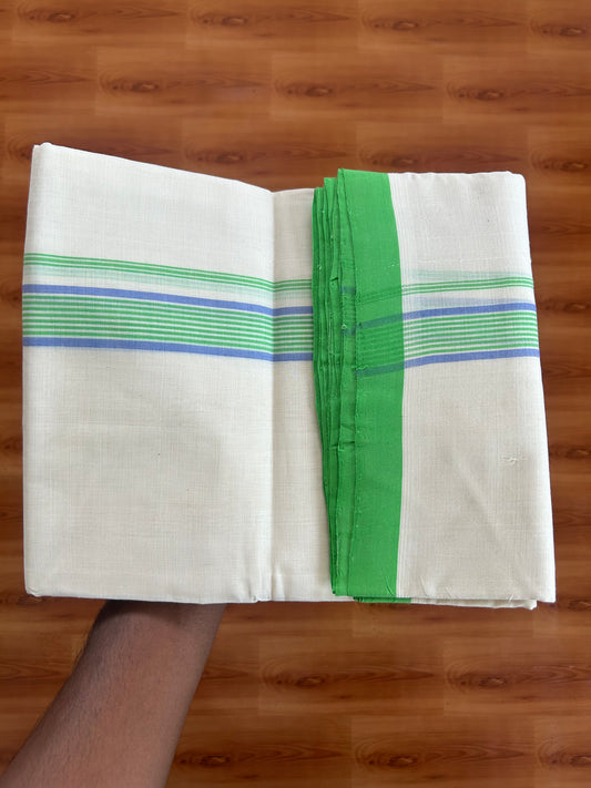 25% Discount ! KaithariKada Handloom Unakkupaav - Kerala Handloom - 100% Pure Cotton Off White (Unbleached) Double Mundu/Dhoti - 100X80 - 1 inch Parrot Green & Lavender Blue Striped Kara 3.80 Mtr (8 Muzham) - 27 KK5380 SOM