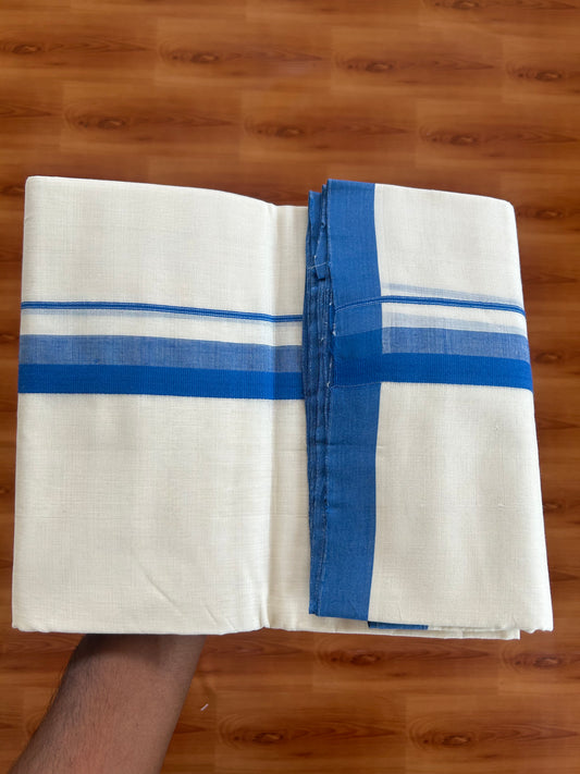 25% Discount ! KaithariKada Handloom Unakkupaav - Kerala Handloom - 100% Pure Cotton Off White (Unbleached) Double Mundu/Dhoti - 100X80 - 1.25 inch Blue Kara 3.80 Mtr (8 Muzham) - 31 KK5380 SOM