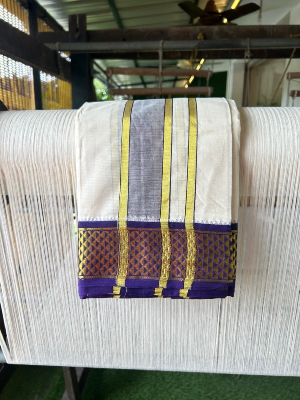 20% DISCOUNT! KaithariKada 100% Cotton Off White - (Unbleached) 100x100 thread - NORTH INDIAN- ATTACHED GAMCHA 9X5 Dhoti 2.75 inch Dark Brown kara with Magenta & Deep Violet Kasavu border - 21KK5196PMC