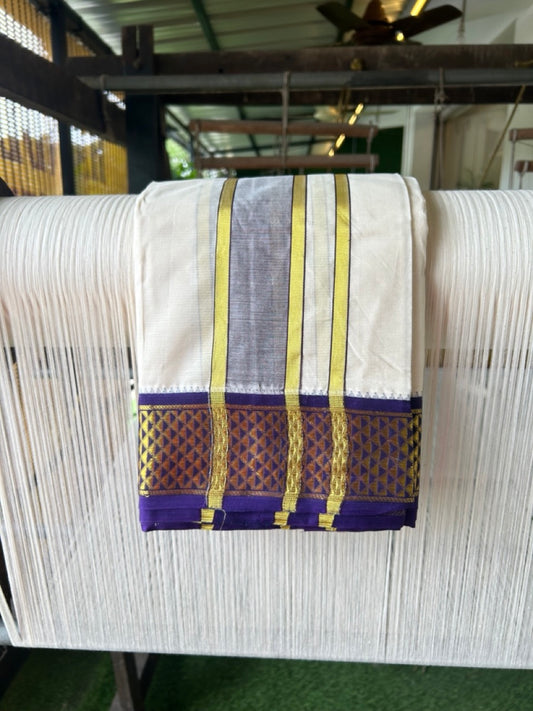20% DISCOUNT! KaithariKada 100% Cotton Off White - (Unbleached) 100x100 thread - NORTH INDIAN- ATTACHED GAMCHA 9X5 Dhoti 2.75 inch Dark Brown kara with Magenta & Deep Violet Kasavu border - 21KK5196PMC
