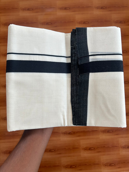 25% Discount ! KaithariKada Handloom Unakkupaav - Kerala Handloom - 100% Pure Cotton Off White (Unbleached) Double Mundu/Dothi - 100x80 - 1 inch Black Kara  3.80 Meters (8 Muzham) - 23 KK5380 SOM