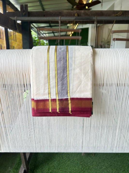 20% DISCOUNT! KaithariKada 100% Cotton Off White - (Unbleached) 100x100 thread - NORTH INDIAN- ATTACHED GAMCHA 9X5 Dhoti 2 inch Violet kara with Maroon & Green Kasavu border - 16KK5196PMC