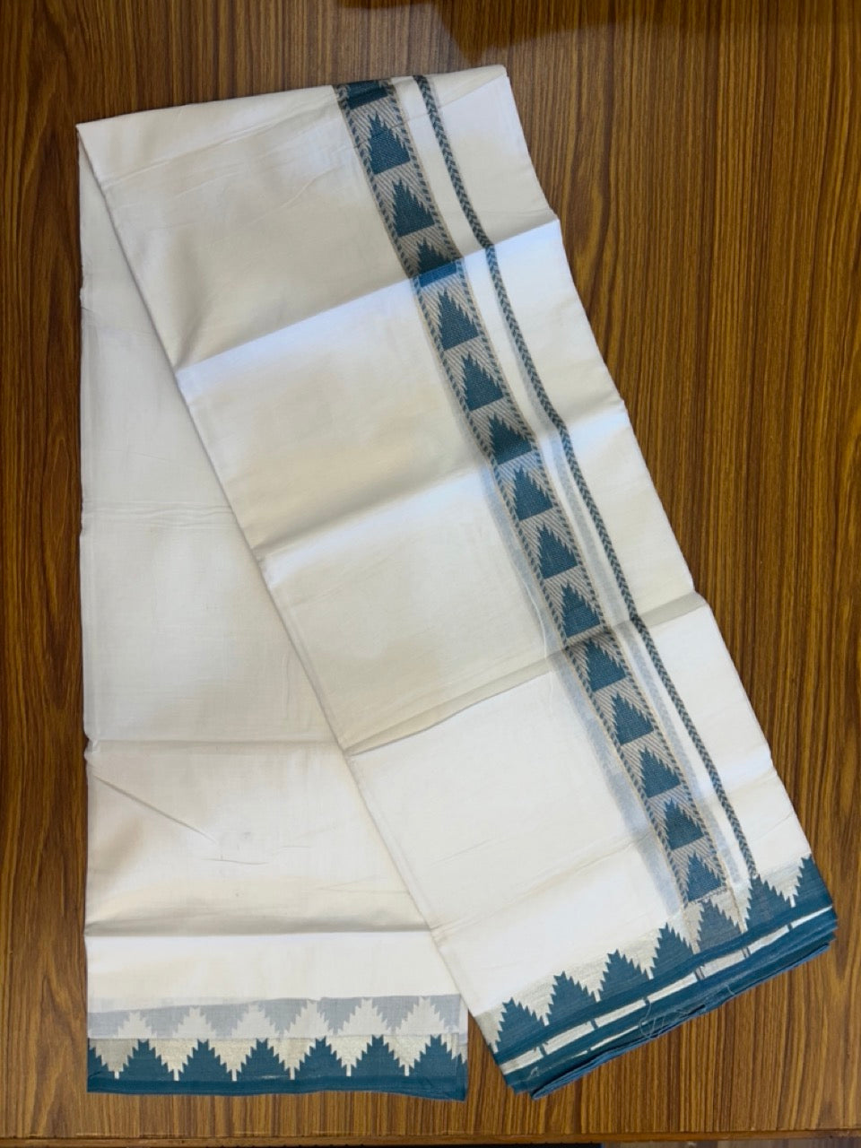 24% Discount ! KaithariKada Balaramapuram 100% Cotton Double Pure White Mundu/Dhoti - 100X80 - 1.25 inch Silver Kasav & Peacock Blue Jacquard Design kara 3.90 mtr (8 Muzham) - 6 KK5305 PMC