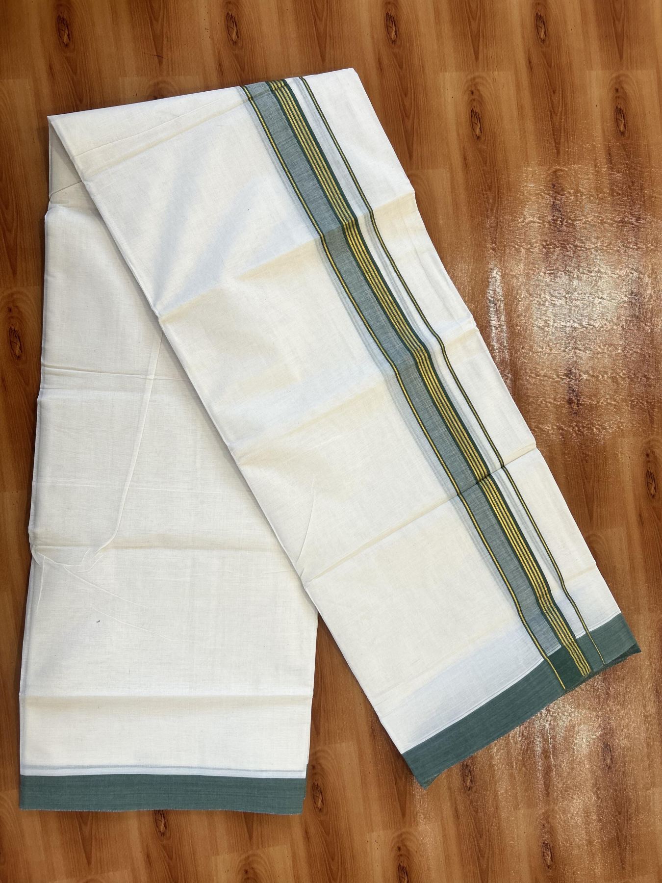 Double Off White (Unbleached) Mundu/Dothi- 20% Discount! Kaitharikada 100% Pure Cotton - 100x80 - 1.5 inch Gold Kasav Stripes & Green Shaded Kara 4 mtr (8.5 muzham) - 56 KK5452 THI