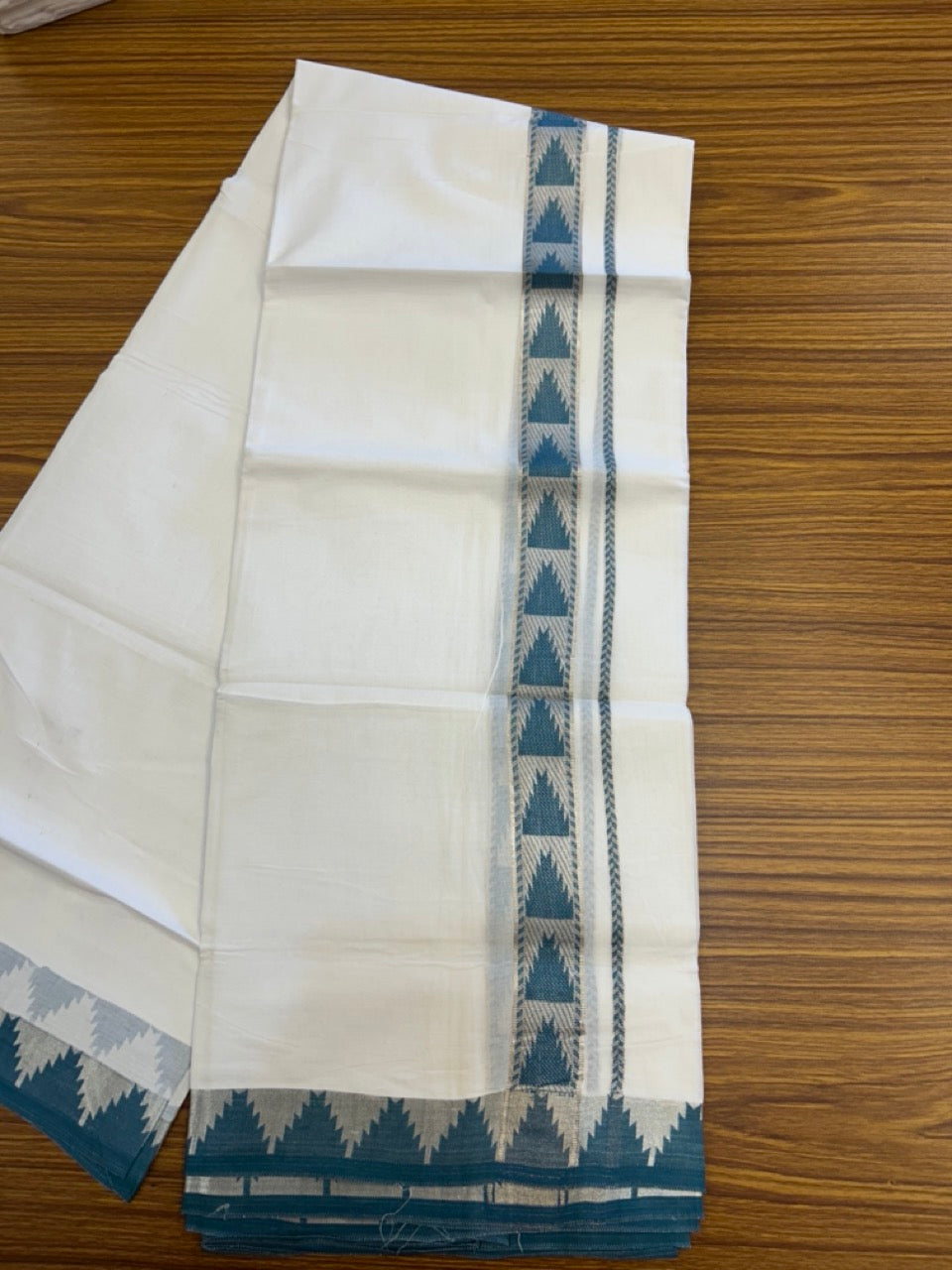 24% Discount ! KaithariKada Balaramapuram 100% Cotton Double Pure White Mundu/Dhoti - 100X80 - 1.25 inch Silver Kasav & Peacock Blue Jacquard Design kara 3.90 mtr (8 Muzham) - 6 KK5305 PMC