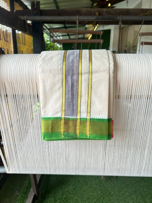 20% DISCOUNT! KaithariKada 100% Cotton Off White - (Unbleached) 100x100 thread - NORTH INDIAN- ATTACHED GAMCHA 9X5 Dhoti 2.25 inch Dark Brown kara with Light Green & Pink Kasavu border - 17KK5196PMC
