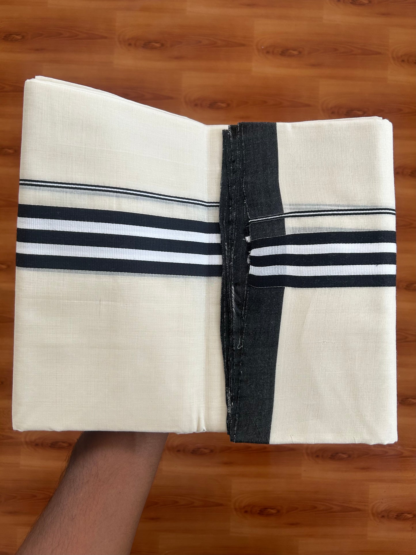 25% Discount!! KaithariKada Handloom Unakkupaav - Kerala Handloom - 100% Pure Cotton Off White (Unbleached) Double Mundu/Dothi - 100x80 - 1.5 inch Black & White Stripes Kara 3.80 mtr (8 muzham) - 22 KK5380 SOM