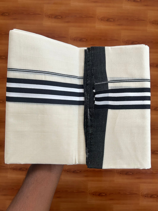 25% Discount!! KaithariKada Handloom Unakkupaav - Kerala Handloom - 100% Pure Cotton Off White (Unbleached) Double Mundu/Dothi - 100x80 - 1.5 inch Black & White Stripes Kara 3.80 mtr (8 muzham) - 22 KK5380 SOM