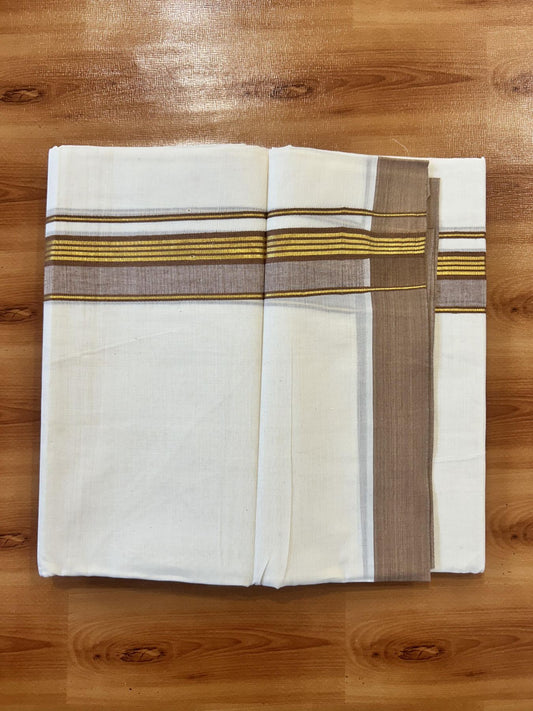 Double Off White (Unbleached) Mundu/Dothi- 20% Discount! Kaitharikada 100% Pure Cotton - 100x80 - 1.5 inch Gold Kasav Stripes & Peach Brown Shaded Kara 4 mtr (8.5 muzham) - 51 KK5452 THI