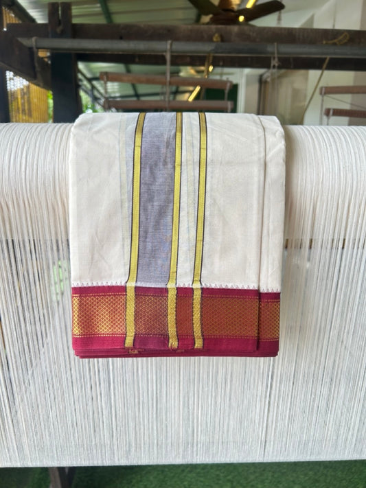 20% DISCOUNT! KaithariKada 100% Cotton Off White - (Unbleached) 100x100 thread - NORTH INDIAN- ATTACHED GAMCHA 9X5 Dhoti 2.5 inch Dark Brown kara with Navy Blue & Maroon Kasavu border - 18KK5196PMC