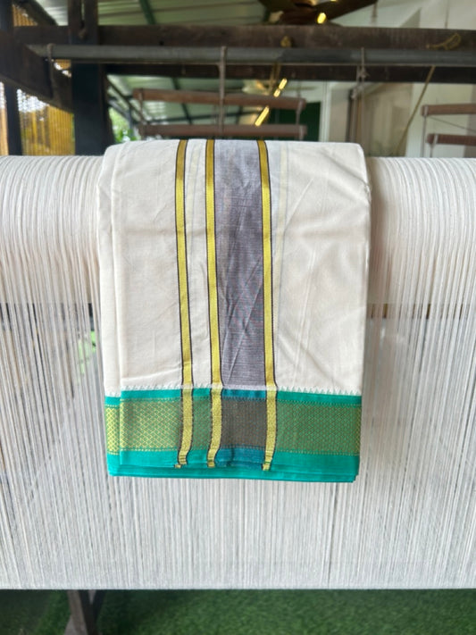 20% DISCOUNT! KaithariKada 100% Cotton Off White - (Unbleached) 100x100 thread - NORTH INDIAN- ATTACHED GAMCHA 9X5 Dhoti 2 inch Dark Brown kara with Deep Violet & Jade Green Kasavu border- 19KK5196PMC