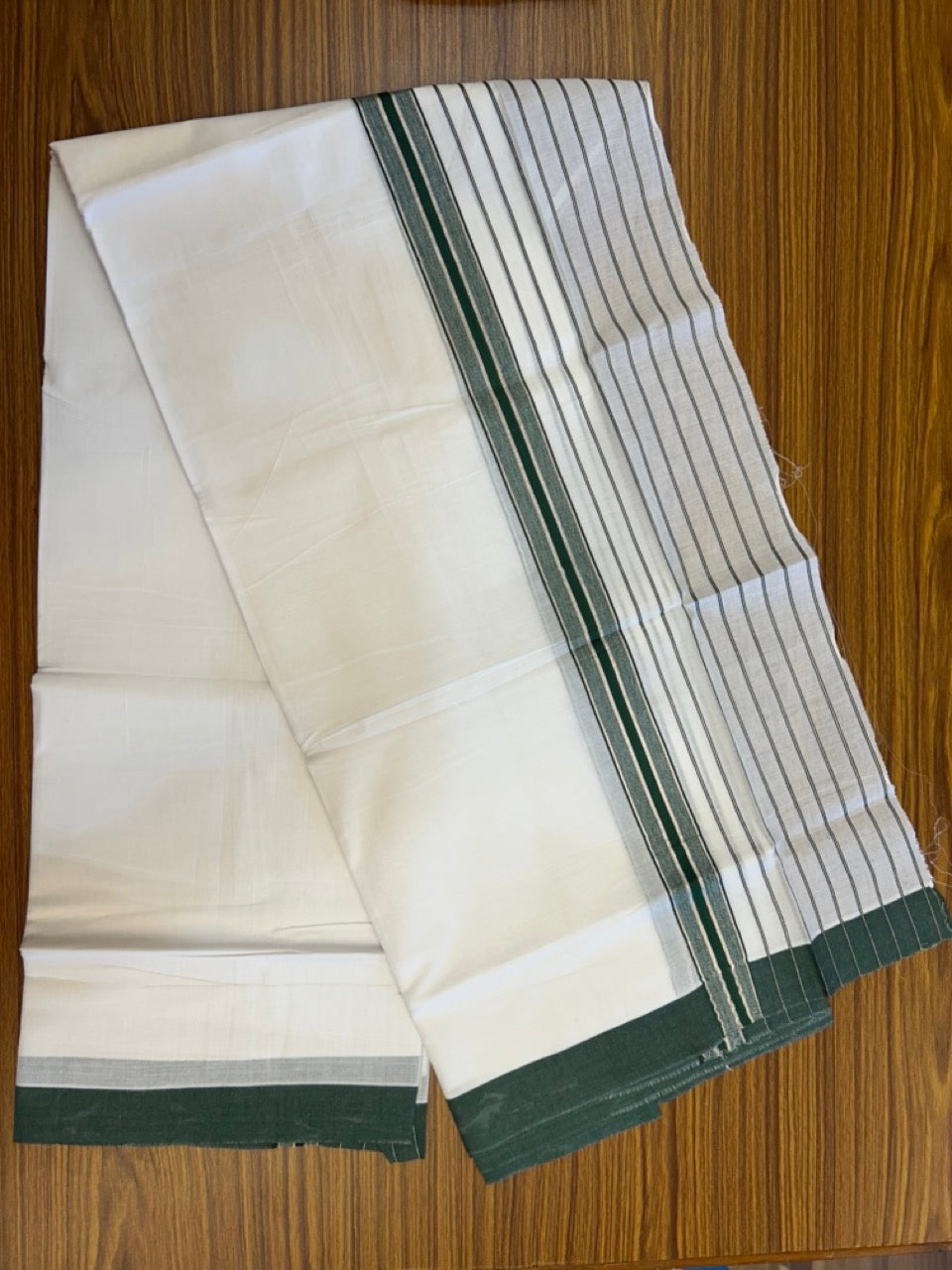 20% Discount ! KaithariKada Balaramapuram 100% Cotton Double Pure White Mundu/Dhoti - 100X80 - 6.5 inch Silver Kasav & Dark Green Stripes kara 3.90 mtr (8 muzham) - 10 KK5305 PMC
