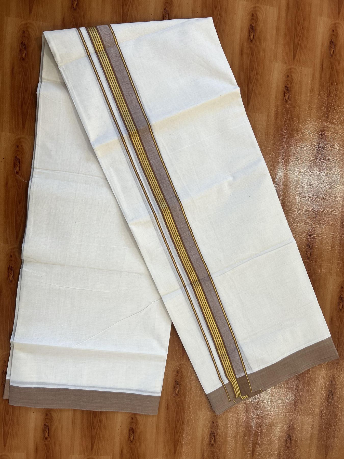 Double Off White (Unbleached) Mundu/Dothi- 20% Discount! Kaitharikada 100% Pure Cotton - 100x80 - 1.5 inch Gold Kasav Stripes & Peach Brown Shaded Kara 4 mtr (8.5 muzham) - 51 KK5452 THI