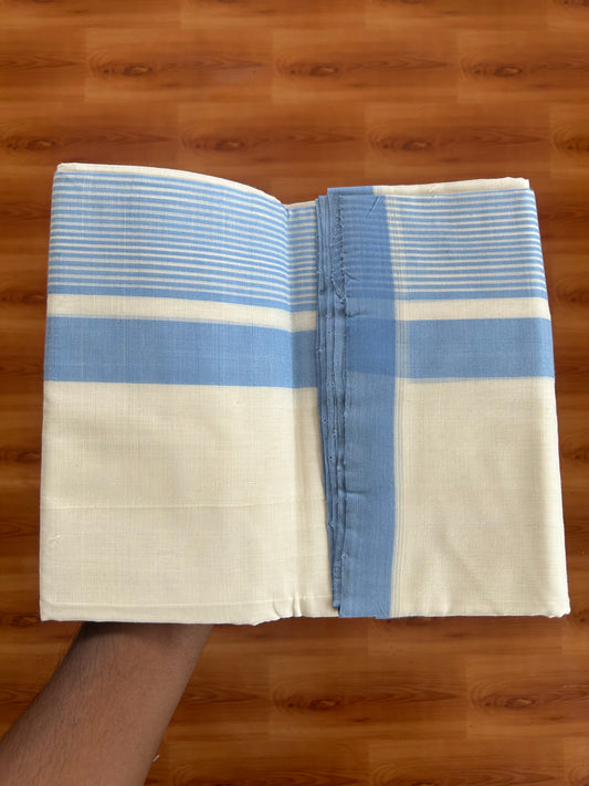 25% Discount!! KaithariKada Handloom Unakkupaav - Kerala Handloom - 100% Pure Cotton Off White - (Unbleached) Double Mundu/Dhoti - 100 x 80 - 5.5 inch Blue Side Stripes Kara 3.80 meter (8 Muzham) - 30 KK5380 SOM