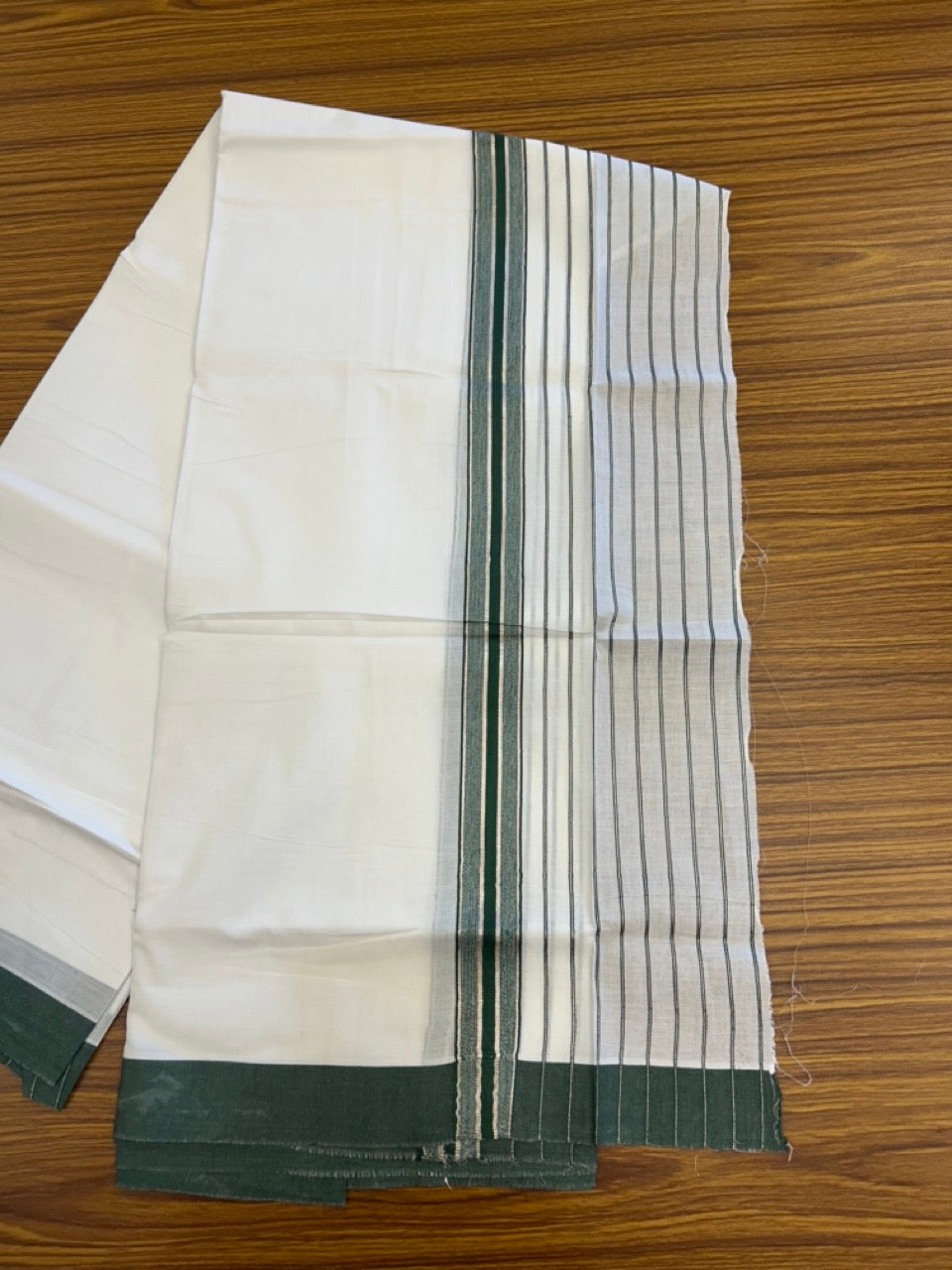 20% Discount ! KaithariKada Balaramapuram 100% Cotton Double Pure White Mundu/Dhoti - 100X80 - 6.5 inch Silver Kasav & Dark Green Stripes kara 3.90 mtr (8 muzham) - 10 KK5305 PMC