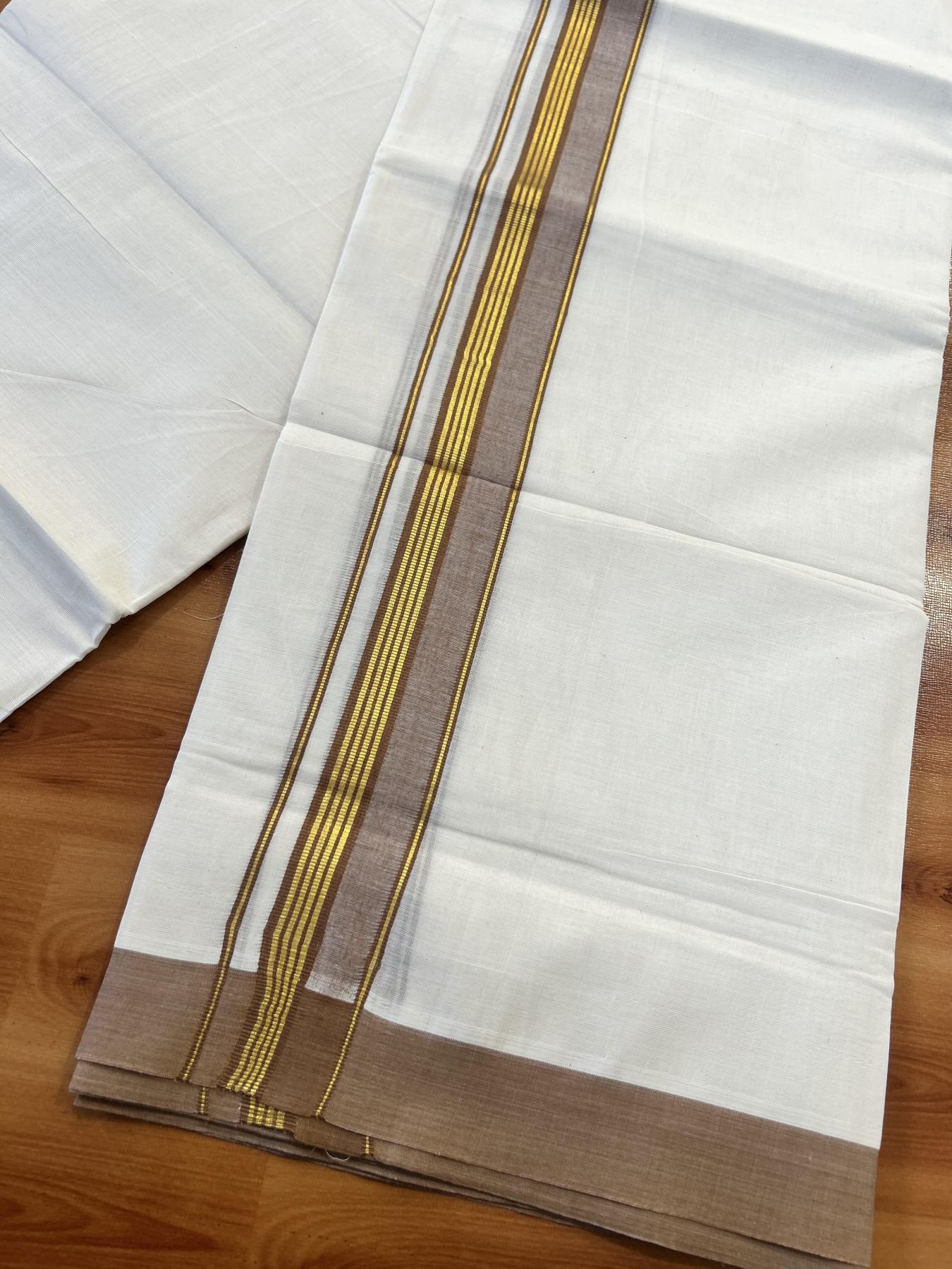 Double Off White (Unbleached) Mundu/Dothi- 20% Discount! Kaitharikada 100% Pure Cotton - 100x80 - 1.5 inch Gold Kasav Stripes & Peach Brown Shaded Kara 4 mtr (8.5 muzham) - 51 KK5452 THI