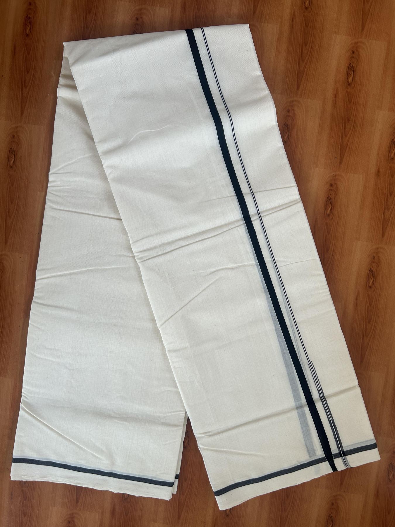 25% Discount!! KaithariKada Handloom Milpaav - Kerala Handloom- 100% Pure Cotton Off White Double - (Unbleached) Mundu/Dothi - 80x90 - 0.5 Inch Black Puliyilakkara chutty Kara 3.60 meter (8 muzham)- 14 KK5383 RAM
