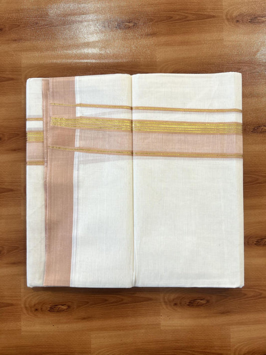 Double Off White (Unbleached) Mundu/Dothi- 20% Discount! Kaitharikada 100% Pure Cotton - 100x80 - 1.5 inch Gold Kasav Stripes & Peach Shaded Kara 4 mtr (8.5 muzham) - 52 KK5452 THI