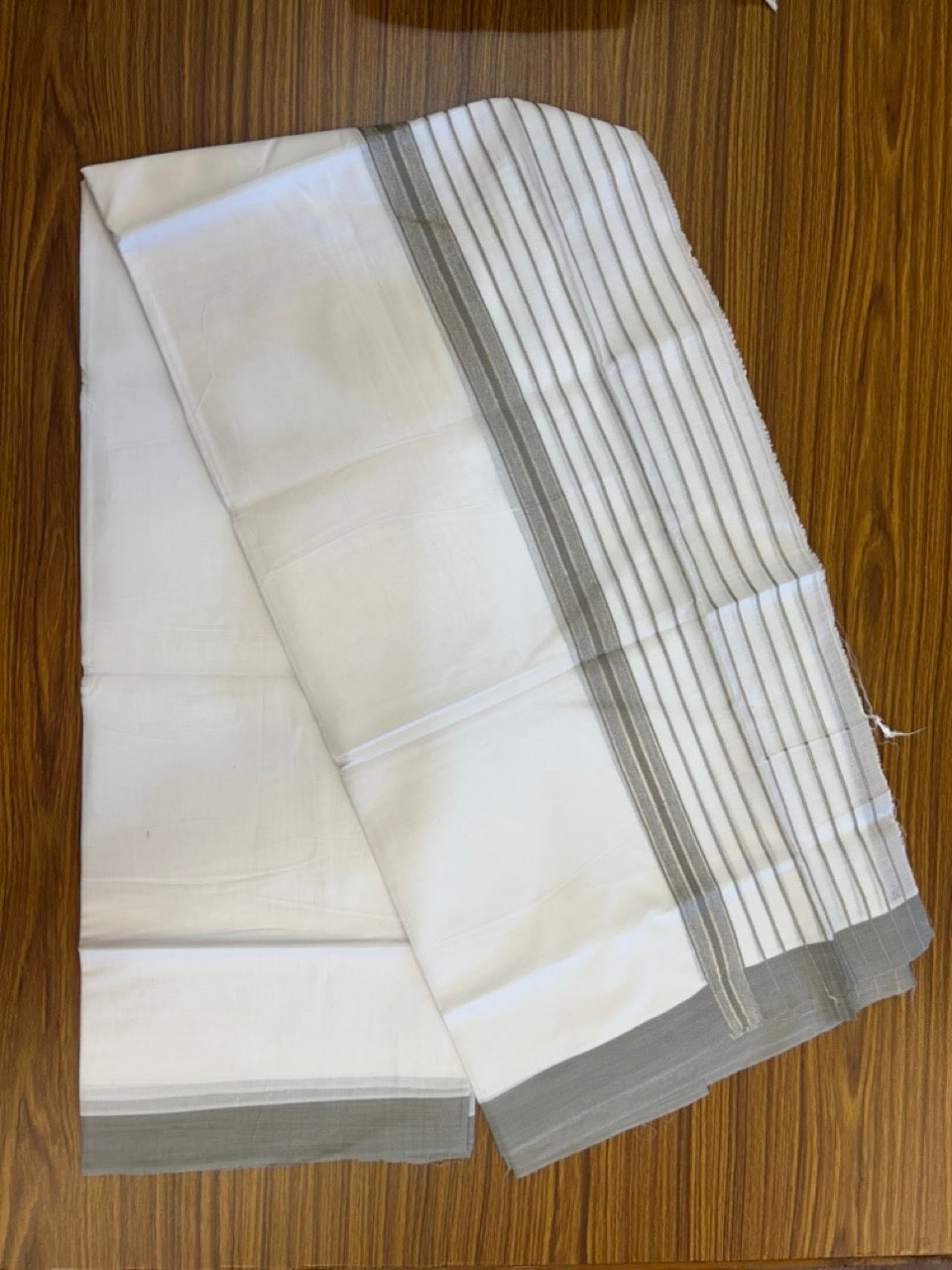 20% Discount ! KaithariKada Balaramapuram 100% Cotton Double Pure White Mundu/Dhoti - 100X80 - 6.5 inch Silver Kasav & Grey Stripes kara 3.90 mtr (8 muzham) - 11 KK5305 PMC