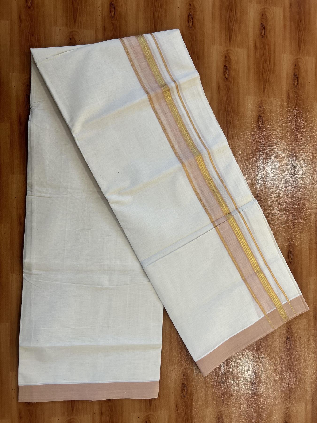 Double Off White (Unbleached) Mundu/Dothi- 20% Discount! Kaitharikada 100% Pure Cotton - 100x80 - 1.5 inch Gold Kasav Stripes & Peach Shaded Kara 4 mtr (8.5 muzham) - 52 KK5452 THI