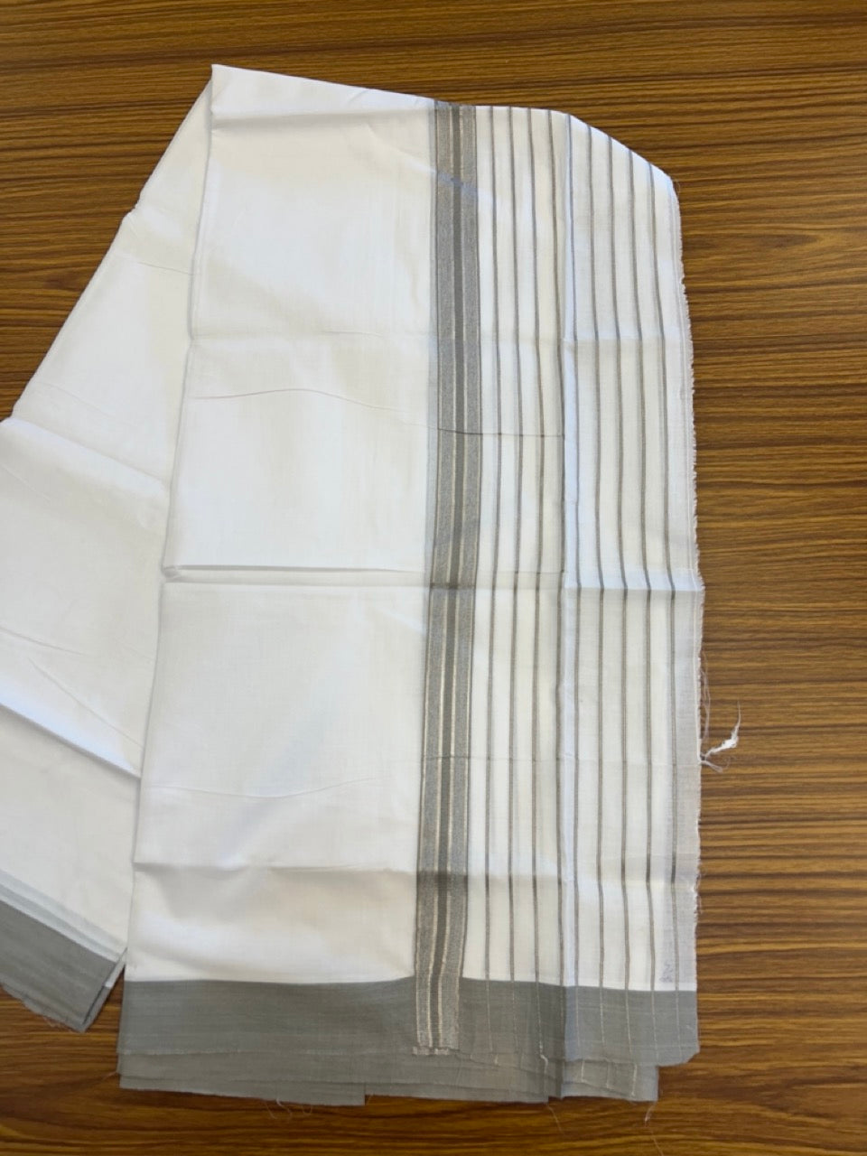 20% Discount ! KaithariKada Balaramapuram 100% Cotton Double Pure White Mundu/Dhoti - 100X80 - 6.5 inch Silver Kasav & Grey Stripes kara 3.90 mtr (8 muzham) - 11 KK5305 PMC